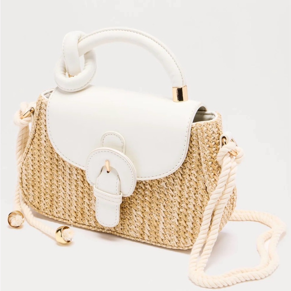 Woven Straw Crossbody Bag with White Leather Trim